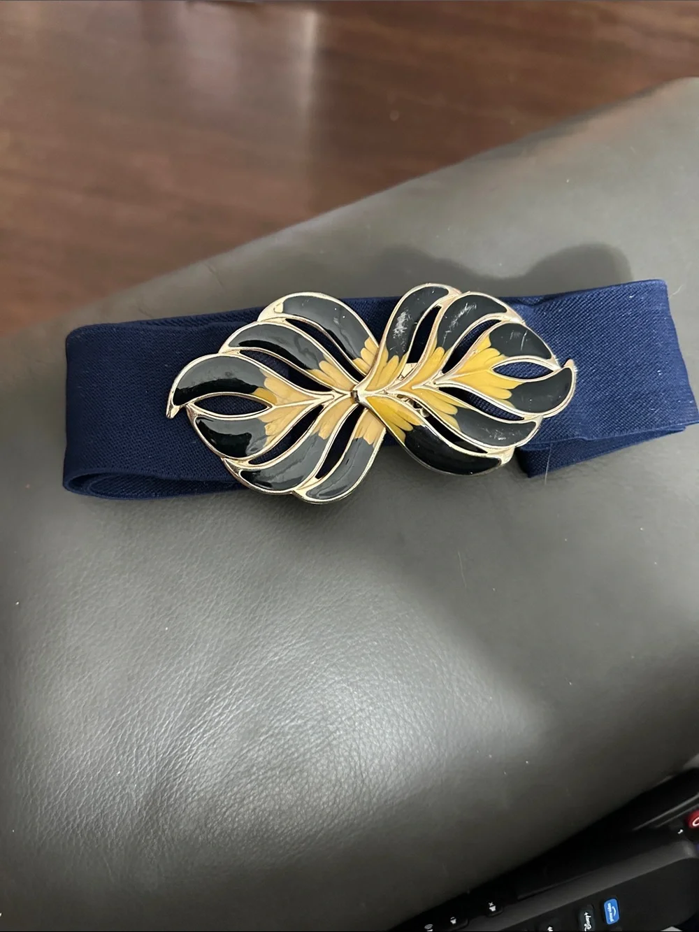 Vintage Navy Elastic Belt with Black and Gold Decorative Buckle